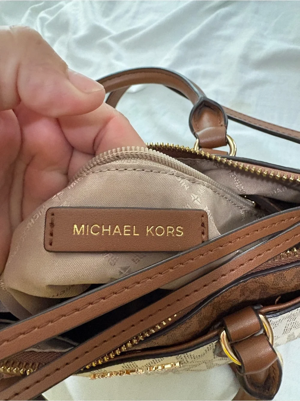 Michael Kors Beige Logo Satchel with Brown Trim and Gold Hardware
